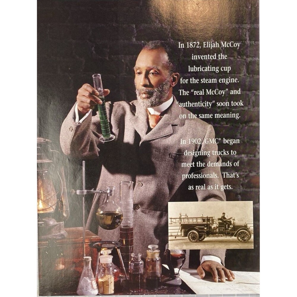 GMC "Elijah McCoy invented the lubricating cup for the steam engine" Vtg Ad 1999